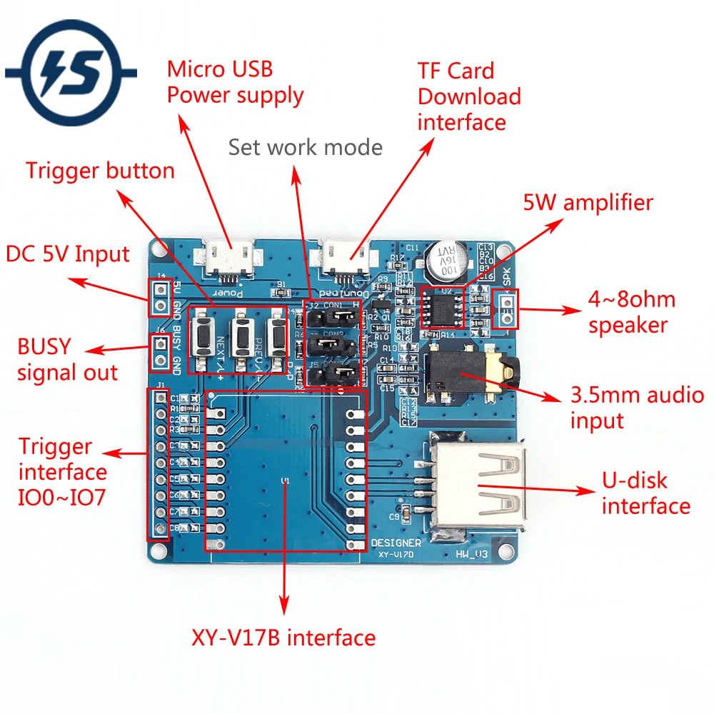 

Voice Controller Shield for XY-V17B Mini MP3 Player Module Development Board Serial Port Control Voice Single Chip SD/TF Module