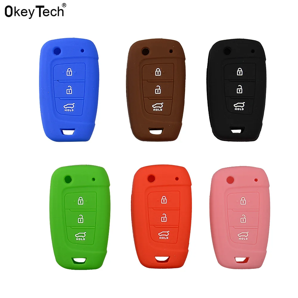 

OkeyTech Silicone 3 Button Folding Key Cover Case For Hyundai Elantra Solaris 2016 2017 2018 Remote Car Key Shell Replacement