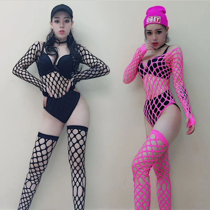 

Women Sexy Hollow Out Net Nightclub Bar DS DJ Bodysuit Stocking Novelty Special Use Stage Show Dance Wear Pole Dancing Costume