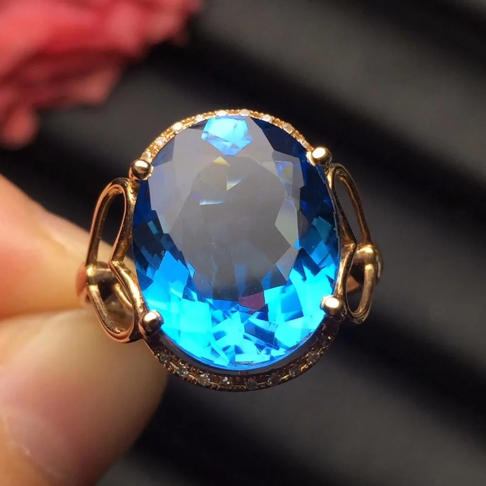 Fine Jewelry Trendy Real 18K Rose Gold AU750 100% Natural Blue Topaz Gemstones Female Rings for Women Ring | Украшения и