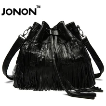 JONON Vintage Brand Women Leather Bags Shoulder Messenger Bucket Bag Sheepskin Stitching Patchwork Tassel Chain Female WHB019