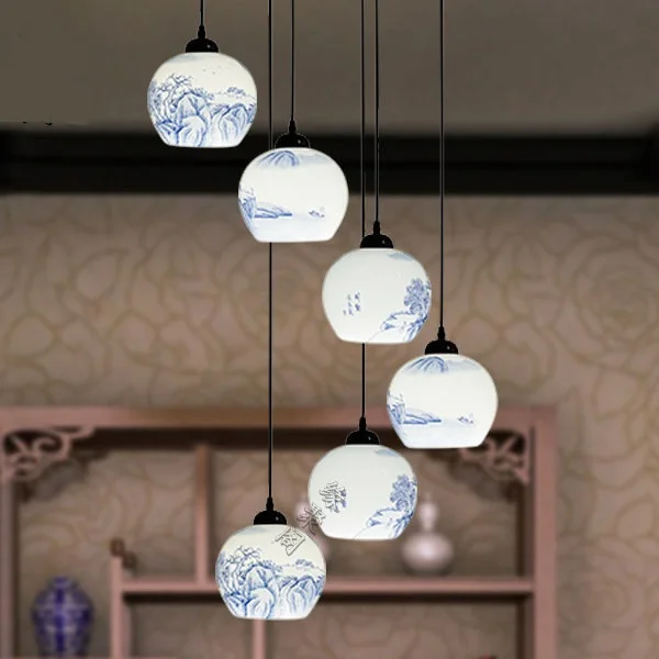 Modern Chinese ceramic chandelier hand painted landscape six chandelier