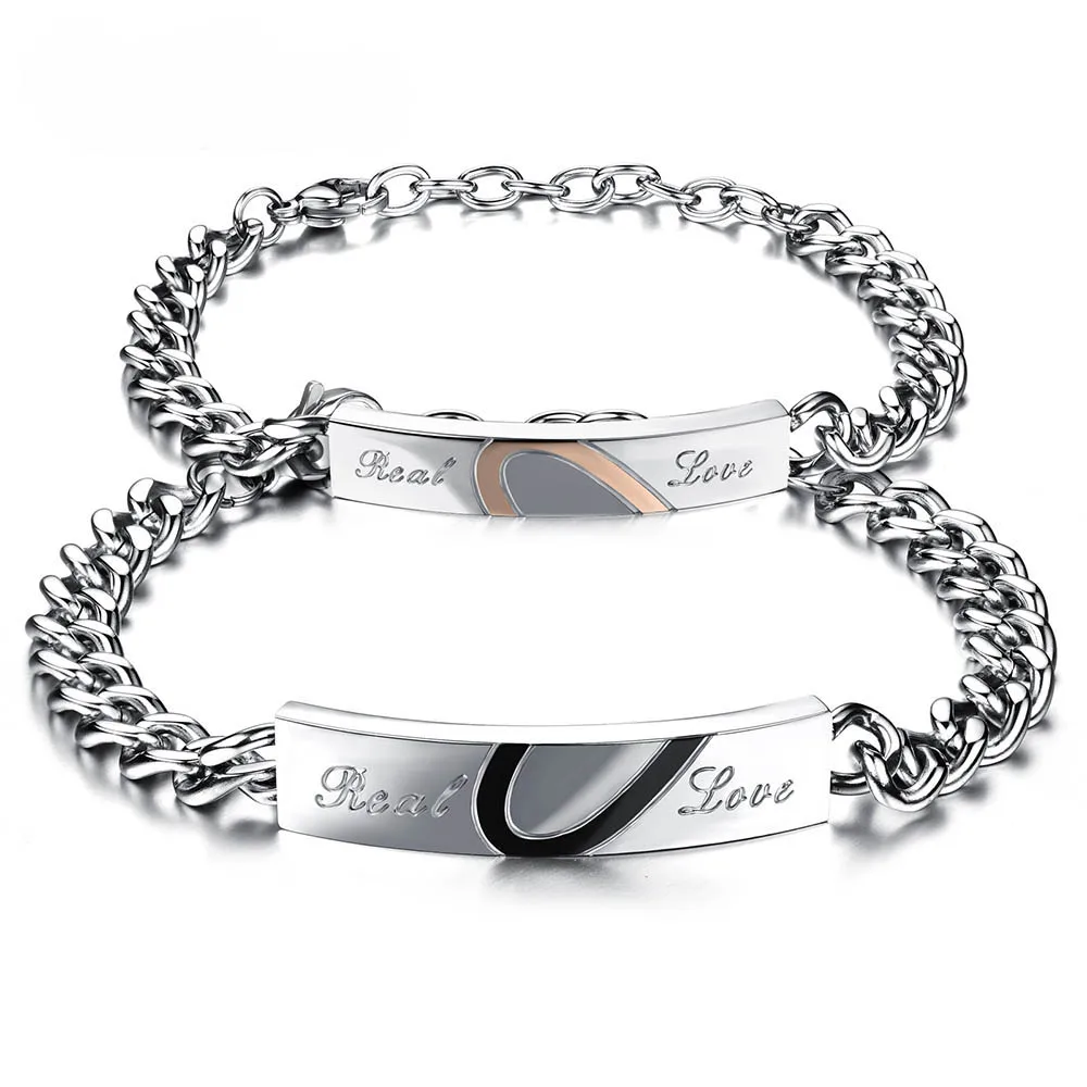 

JeeMango Romantic Titanium Steel Love Chain Link Bracelets Bangles Cubic Zirconia Couple Bracelet For Women Men Jewelry OGS772