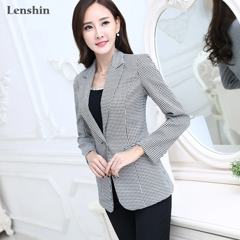 Lenshin, женская элегантная клетчатая куртка, длинный рукав, ласточка, Блейзер, модная рабочая одежда, тонкое, офисное, Женское пальто, верхняя одежда размера плюс, 7XL