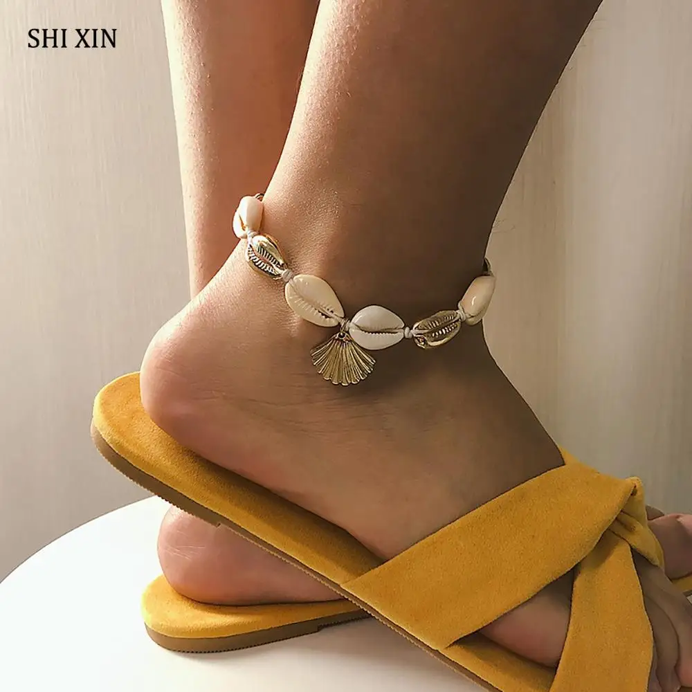 

SHIXIN Summer Sea Shell Anklet Ankle Bracelets for Women Charms Scallop Seashell Anklet Bracelet on the Leg Female Chain on Foot