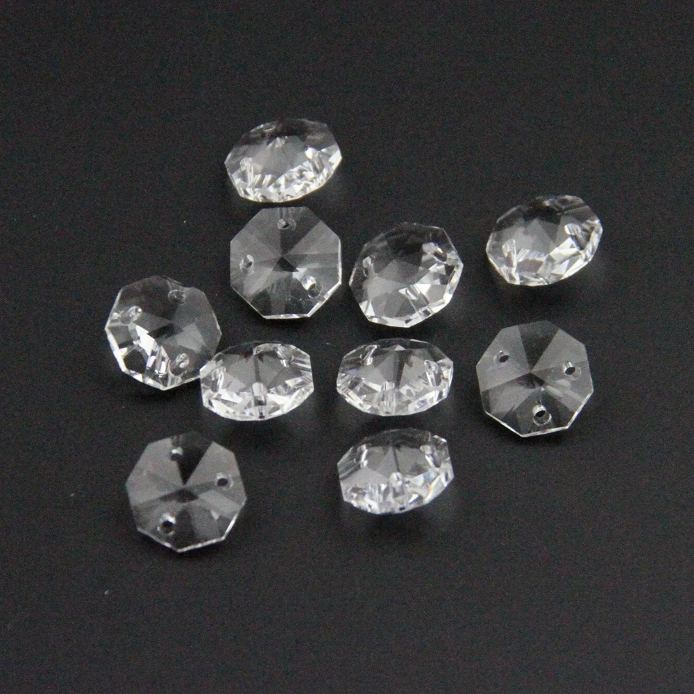 

100pcs Crystal Octagon Beads With 3 Holes 14mm Glass Prism Beads Clear Color Feng Shui For Chandelier Suspension