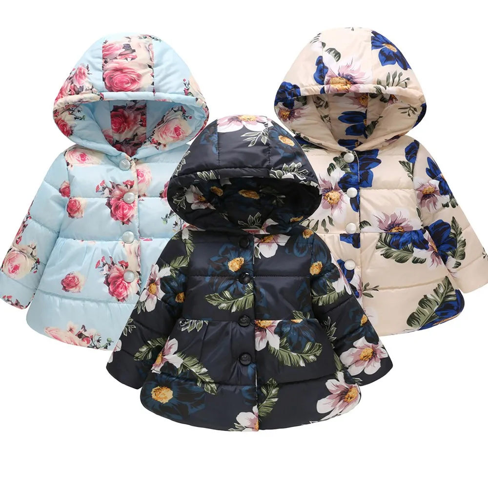 Toddler Baby Girls Boys Winter Floral Thick Warm Jacket Hooded Windproof Coat