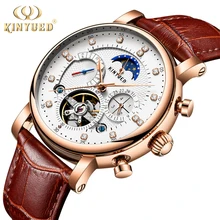 KINYUED Automatic Tourbillon Watch Men Moon Phase Luxury Fashion Brand Skeleton Mechanical Watches Mens Rose Gold Reloj 2018