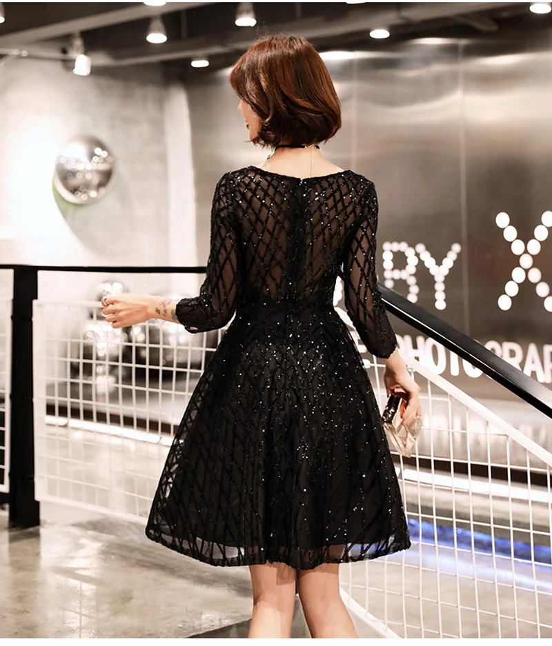 Черное платье с блестками, короткое коктейльное платье с длинным рукавом, пышные платья для выпускного вечера, коктейльные платья, вечерние платья TS534