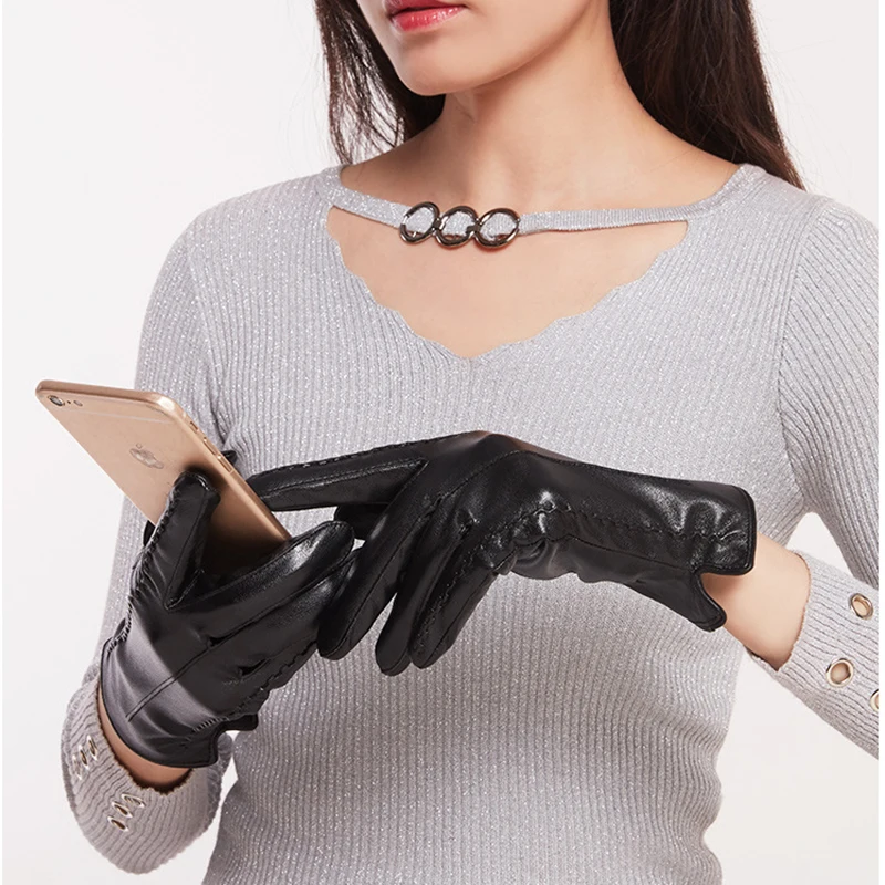 Высокое качество женские кожаные перчатки Модные зимние мягкие теплые черные перчатки сенсорный экран для женщин телефон водительские