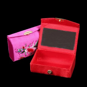 

180pcs Portable Mirror Box Travel Jewelry Case Silk Brocade Gift Boxes Double Lipstick Tube Lip Balm Packaging Container Holder