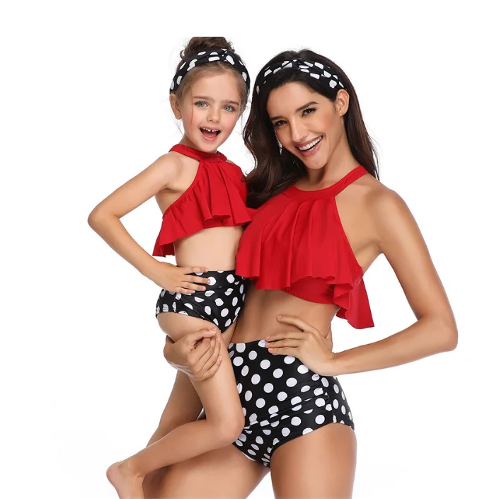 

Ruffle Solid Sexy Mother Daughter Swimsuits Mommy And Me Halter Swimwear Bikini Family Matching Suit high waist bikini look mum