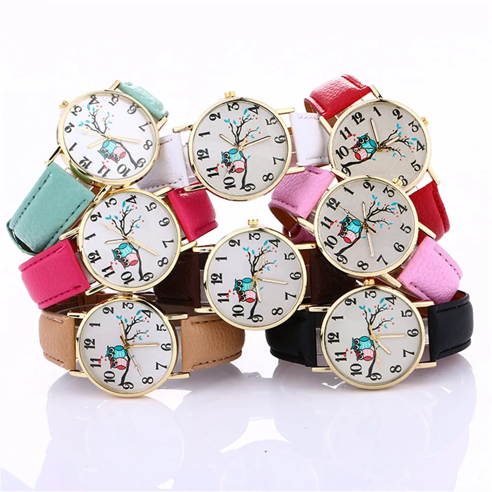 

GEMIXI Fashion Watches women luxury brand wristwatches fashionable Cute Owl Pattern Neutral Fashion Leather Quartz Wrist Watch