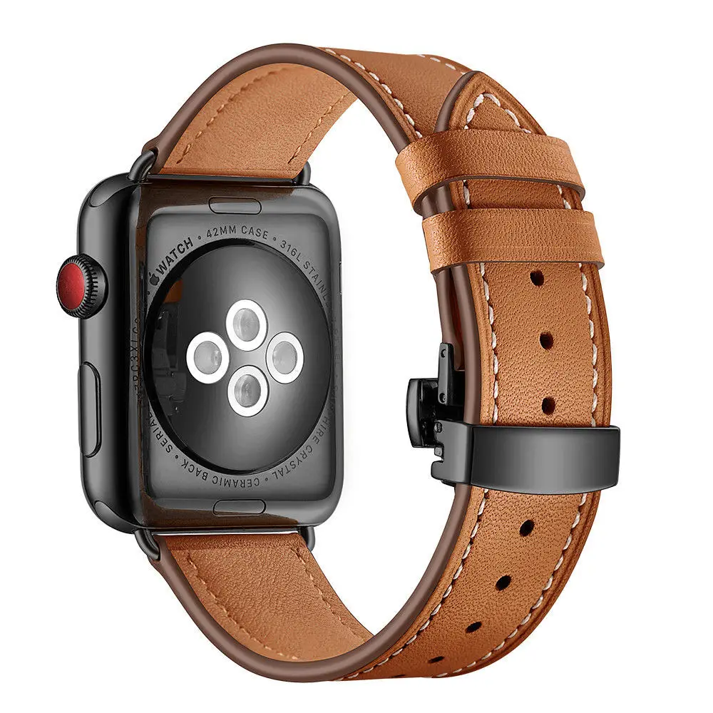 Мужской/женский ремешок из натуральной кожи для Apple Watch Band 42/38/44/40 мм Высококачественный браслет с застежкой-бабочкой серии 5 4 3 2 1