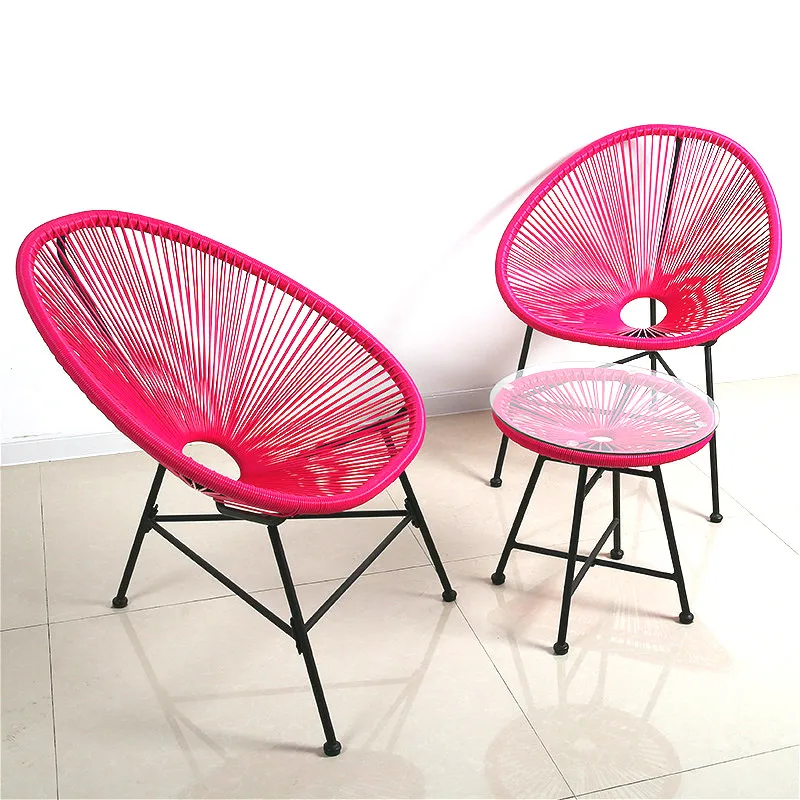 

C,3 in 1 Balcony Cafe Table & Chairs Set Creative Breathable Moon Chair Heavy Loading Plastic Wire+steel Patio Furniture Set