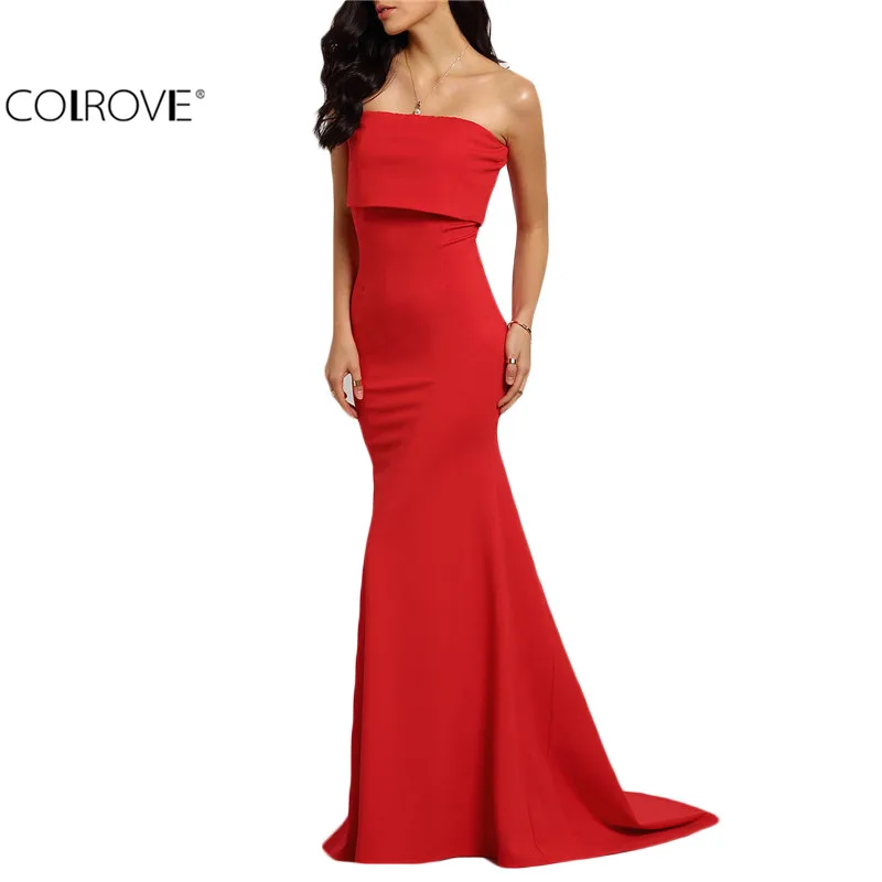  COLROVE Summer Style Elegant Sexy Occasion Red Strapless Maxi Dresses 2016 New Arrival New Sleeveless Long Dress 