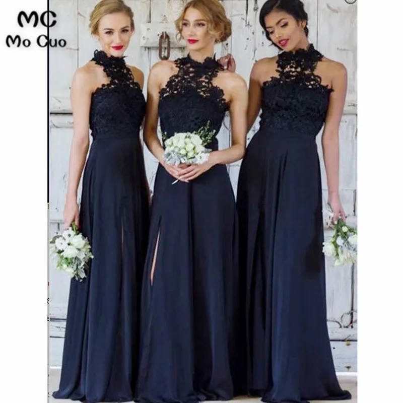 A-Line High Neck Navy Blue Chiffon Bridesmaid Dress with Lace Split