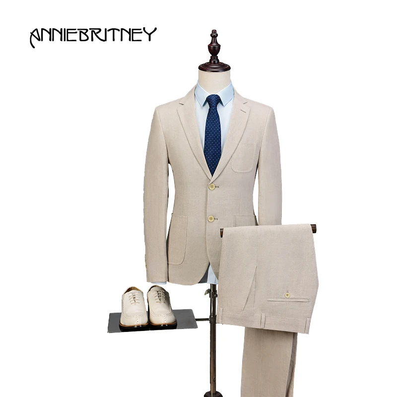 2018 New Brand Ivory Beige Linen Men Suit Set Slim Fit Style Summer Beach Wedding Blazer Prom Tuxedo Jacket+Pant 2 Piece Terno