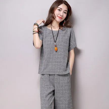 Women outfit 2 piece set crop top and pants suits summer cotton linen plus size co-ord set plaid clothing plus size M-3XL 4XL Women's Sets