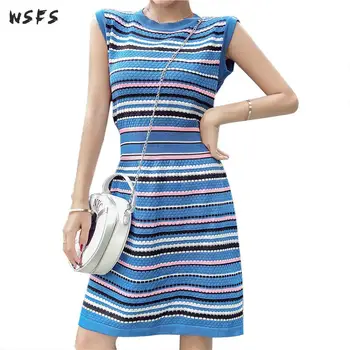 

Summer Knitted Dresses Blue Orange Striped Oneck Sleeveless Waist Women Dress Office Bodycon Sexy Party Mini Aline Sundress 2018