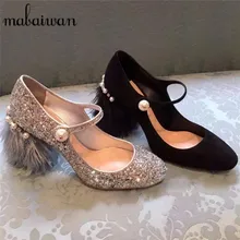 Fashion Paillette Women Pumps Designer Fur Heel Beading Wedding Dress Shoes Woman Pearl Decor Zapatos Mujer