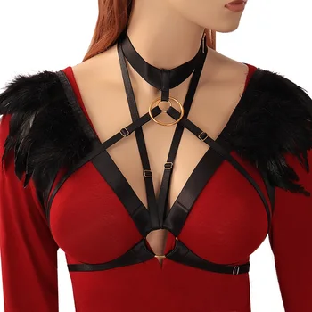 

Feather Harness Cage Bralette Epaulettes Lingerie Cosplay BurningMan Gothic Gold-ring Tops Adjust Shoulder Wings Festival Rave