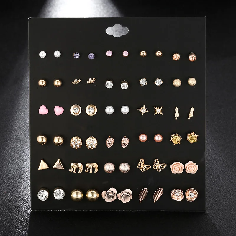 

30 Pairs/set Trendy Crystal Rhinestone Small Stud Earrings Set For Women Fashion Gold Alloy Geometric Earring Mixed Jewelry Gift