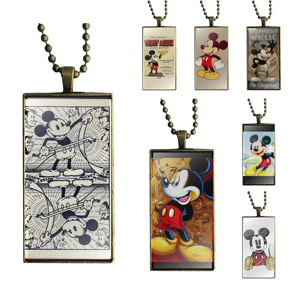 

Vintage Mickey Fashion Glass Cabochon Necklace With Women Statement Pendant Rectangle Necklaces Jewelry For Women Jewellery