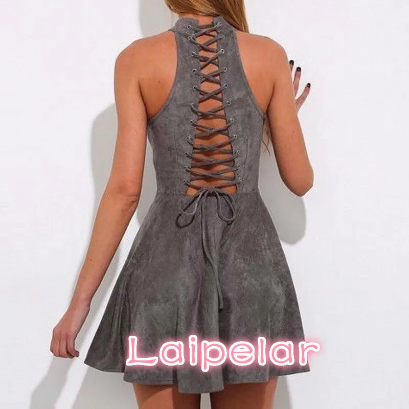 

Women Suede Dress 2018 Summer Dress Off the Shoulder Lace up Backless Sexy Club Party Dress Halter Vestidos de fiesta Robe Femme