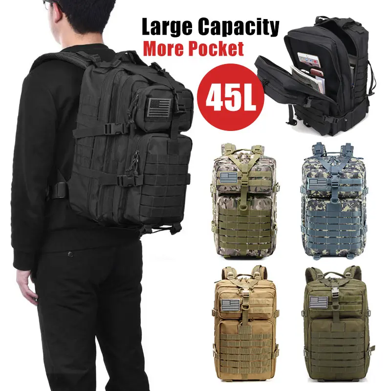  45L Large Capacity Man Army Military Tactical Backpacks Waterproof Bug Out Bag Outdoor Sport Hiking