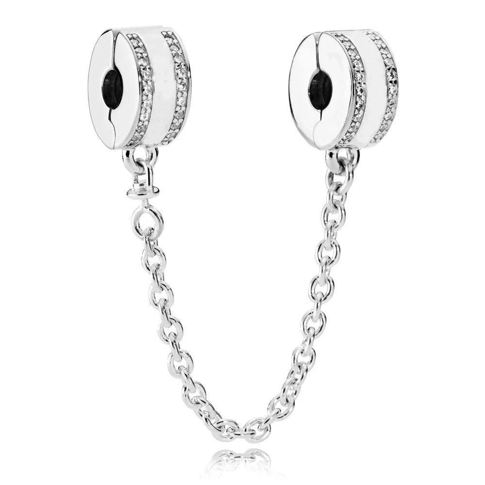 

New 925 Sterling Silver Bead Charm Insignia With Crystal Safety Chain Clip Beads Fit Pandora Bracelet Bangle DIY Jewelry