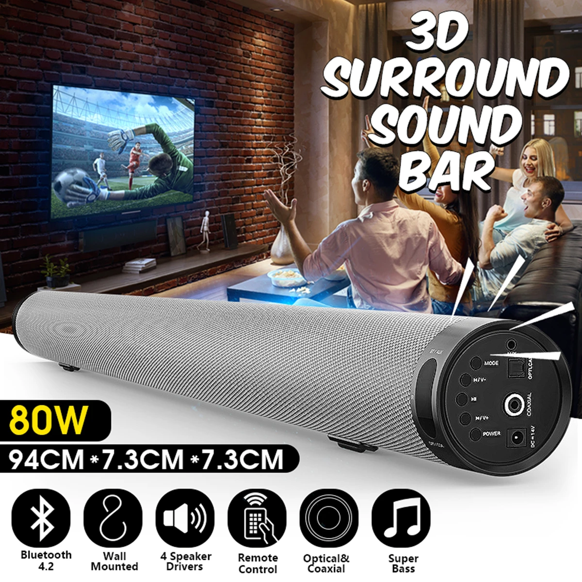 

Bluetooth TV Soundbar Wireless Speaker Metal Stereo Long Cylindrical Audio Bluetooth Playback Wall Soundbar for Home Party