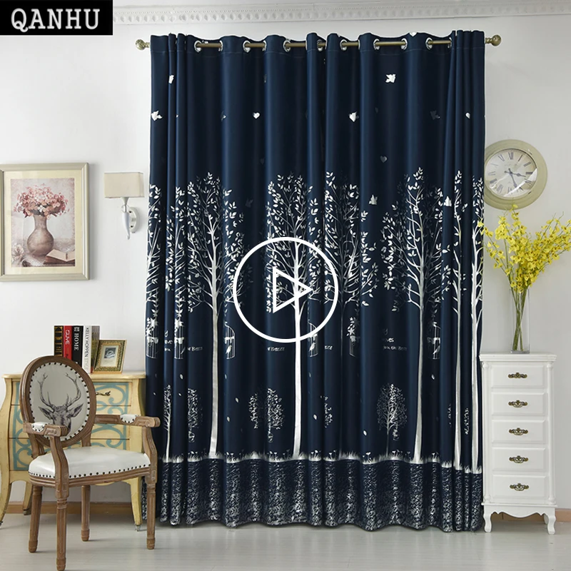 

QANHU Modern blue Dream Curtains Living Room Blackout 90% Trees Pattern Pretty Design Window Curtain fabric Panel for bedroon