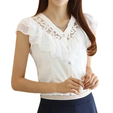 2017 NEW New fashion women summer Chiffon Lace Blouse falbala casual base lady shirt Hollow out flowers