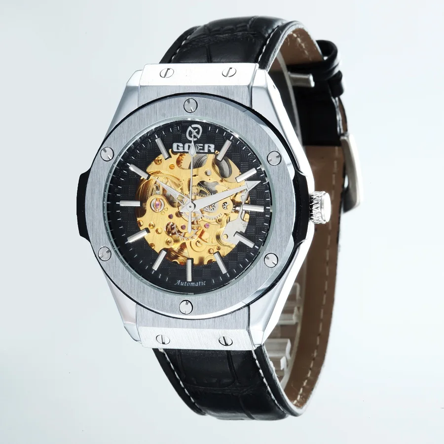 GOER brand male movement Wrist watch Luminous digital mechanical Leather men s watches Automatic waterproof Skeleton