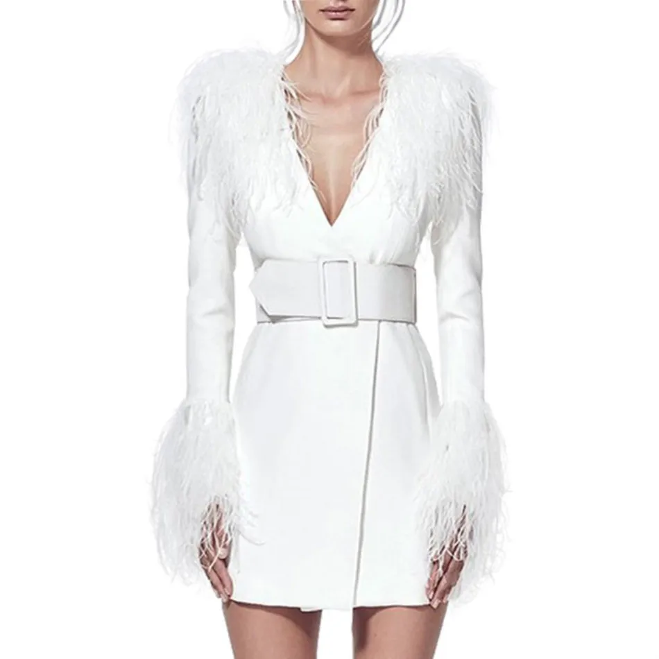 

DressBird Women Dress Autumn Winter Long Sleeve Bodycon Vestidos Sexy Deep V-Neck Feathers Slim Belt White Vestidos Verano Girl