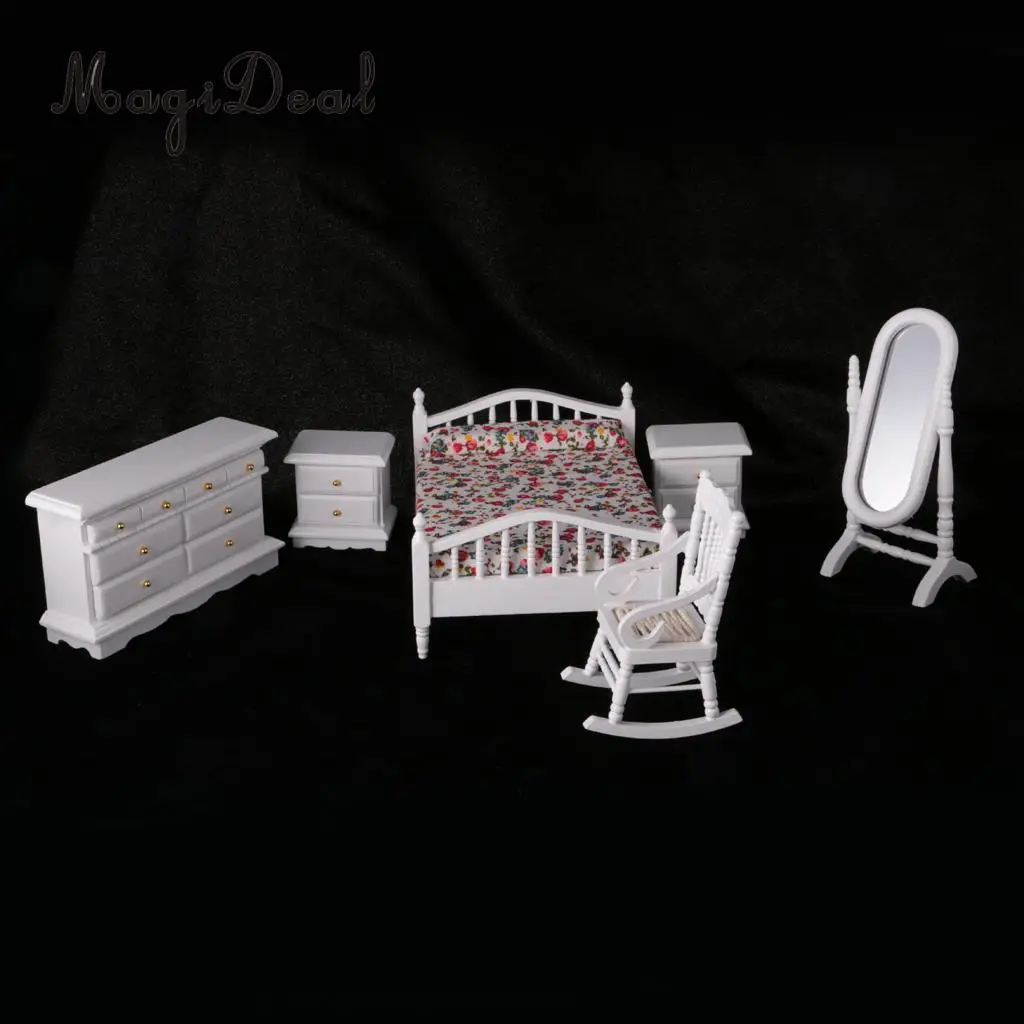 MagiDeal 1:12 Dollhouse Miniature White Wooden European Retro Bedroom Furniture Set for Kids Playing House Game Toy Cute Gift
