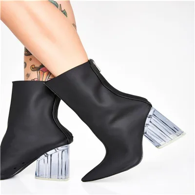 MStacchi/женские прозрачные ботильоны; женская обувь с острым носком на молнии; модные ботинки на толстом каблуке со стразами; пикантная женская свадебная обувь - Цвет: Черный