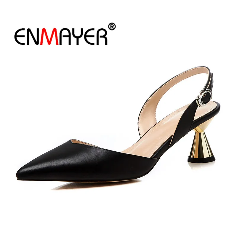 

ENMAYER Women Med heels Sandals Size34-39 Summer Causal Strange heels sandals Metal Buckle strap Pointed toe Black Apricot CR778