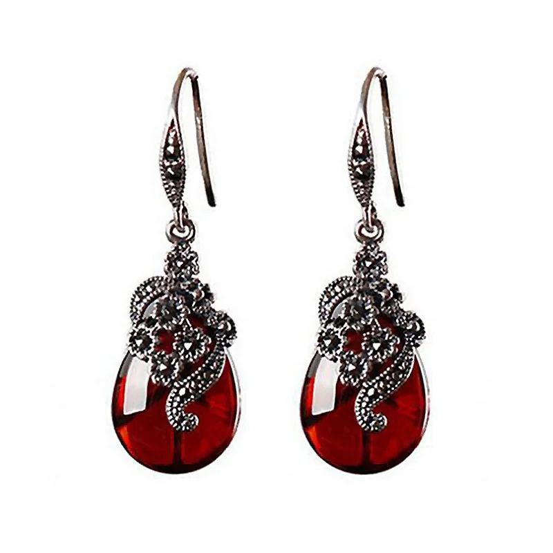 

Ruifan Gemstone 100% 925 Sterling Silver Garnet Dangle Earrings Vintage Flower Teardrop Earrings for Women Free Shipping YEA221
