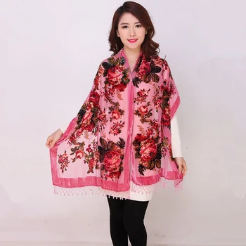 

High Quality Flowers Chinese Female Velvet Silk Beaded Shawls Handmade Embroidery Scarves Scarf Long Fringe Pashmina StoleChal