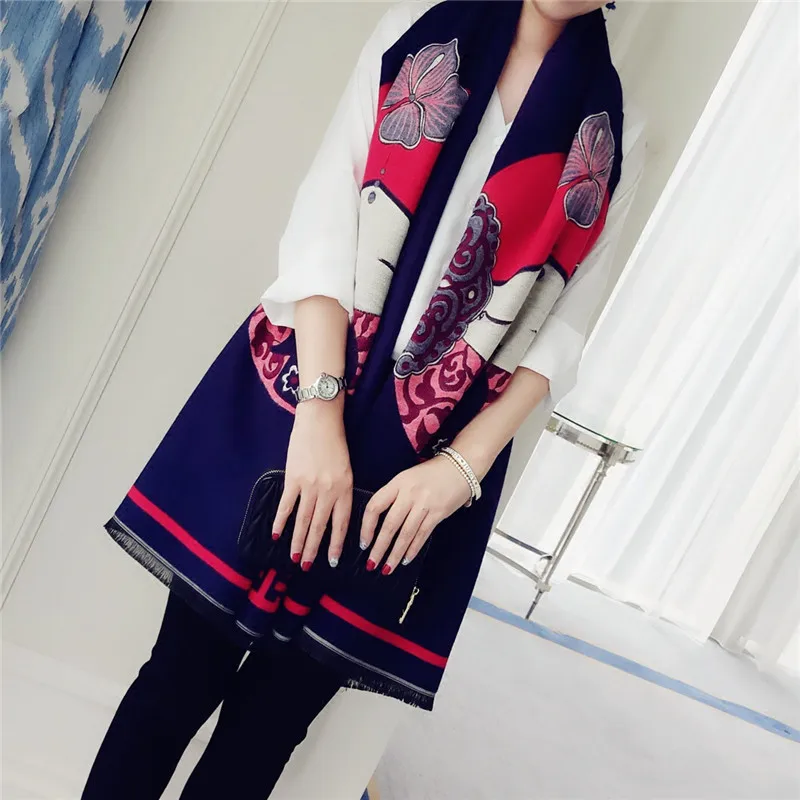 

2016 Winter Women Scarf Luxury Chinese Style Doll pattern Bufandas Warm Cashmere Shawls Navy Blue New Oversized Lengthen Tippet