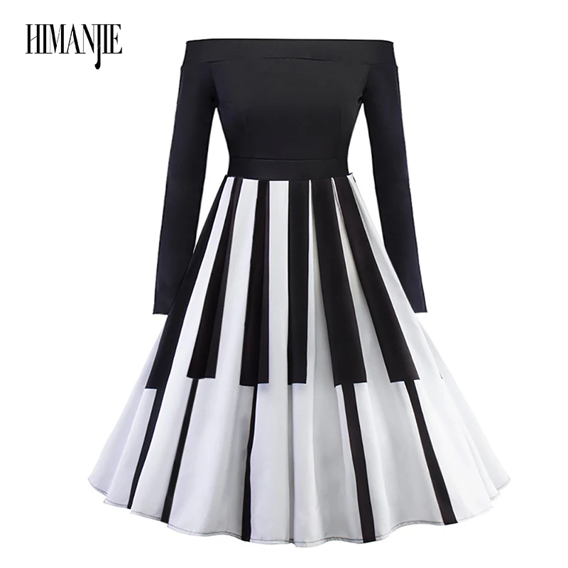 Модные дешевые ретро Sexy Off-The-Shoulder тонкая талия черный расклешенное платье с