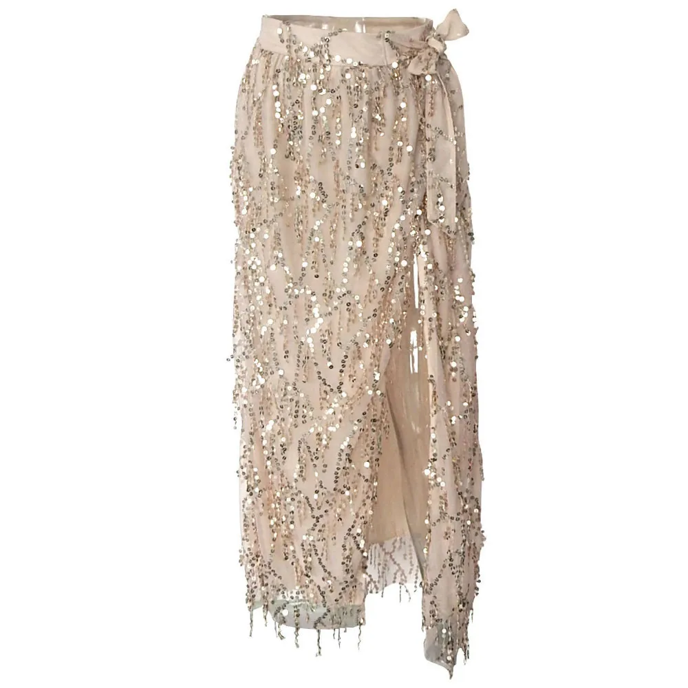 Летняя женская юбка Boho, сверкающая блестками, марля, с бахромой, с разрезом, юбка макси с бантом, сарафан, Пляжная длинная юбка