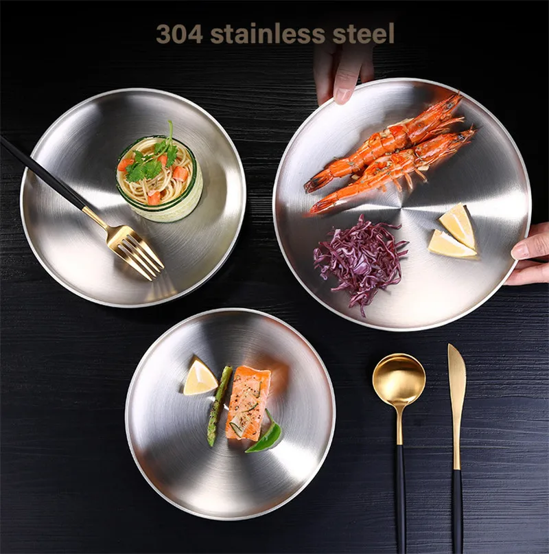 304 нержавеющая стальная плоская пластина Европейская еда на завтрак лоток двойная металлическая тарелка для ужина высококлассный десертный салат набор посуды