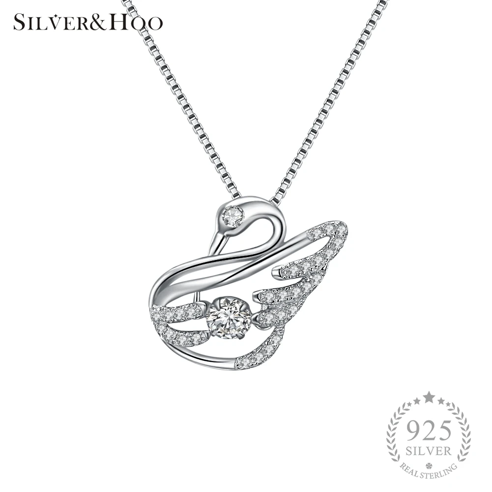 

SILVERHOO Romantic Swan Design Pendant Necklaces 925 Sterling Silver for Women Girls Fine Jewelry Beating Crystal Collier