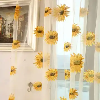 

1pc Pastoral Style Yellow Sunflower Window Tulle curtains For Living Room Bedroom Kitchen Balcony Curtains Voile Home Decoration