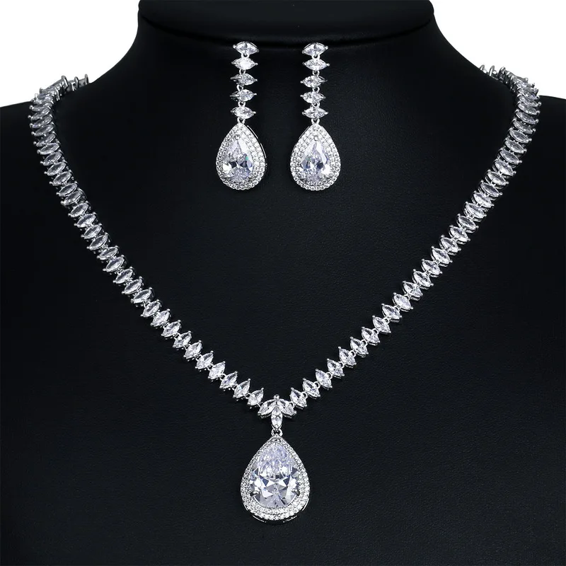 

baiduqiandu Jewelry Sets Water Drop Pendant Necklace Stud Earring Silver Gold Color Teardrop Women Lady Wedding Party Gift