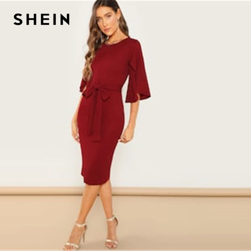 SHEIN Повседневное платье карандаш с круглым вырезом и рукавами воланами Осенние