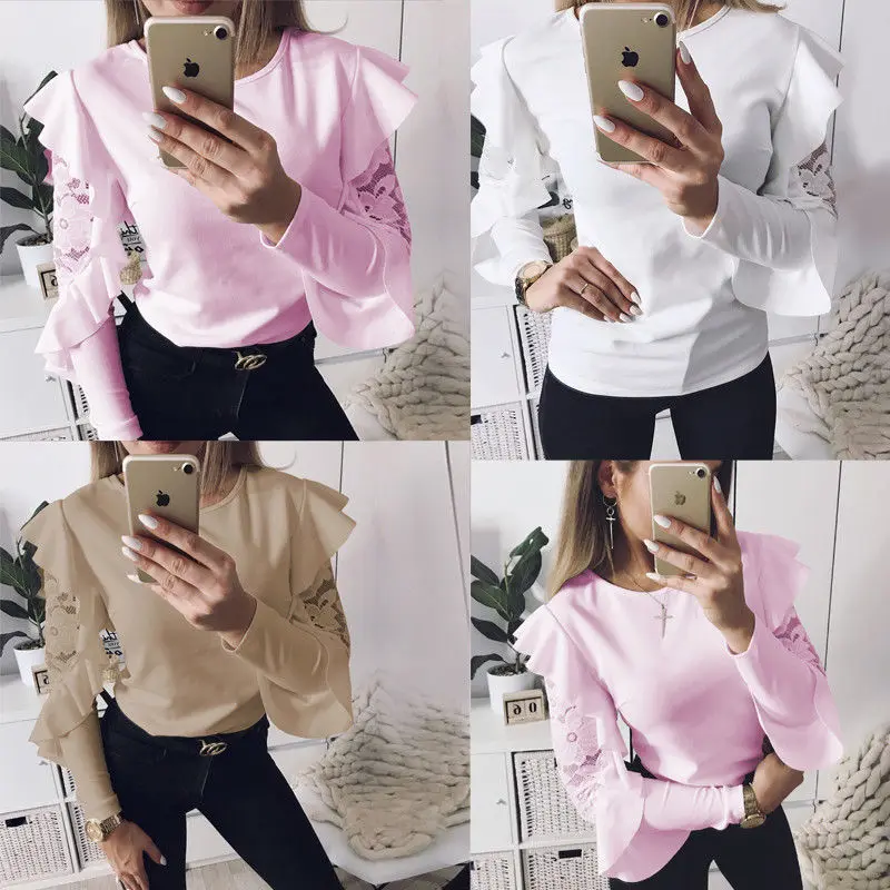 

New Style Fashion Autumn Women Ladies Lace Longsleeve T-shirt Round Neck Shirt Casual Solid Loose Tops